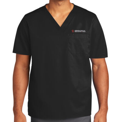 WW3160 | Black | Embroidered Strata - Unisex WorkFlex Chest Pocket V Neck Top Thumbnail